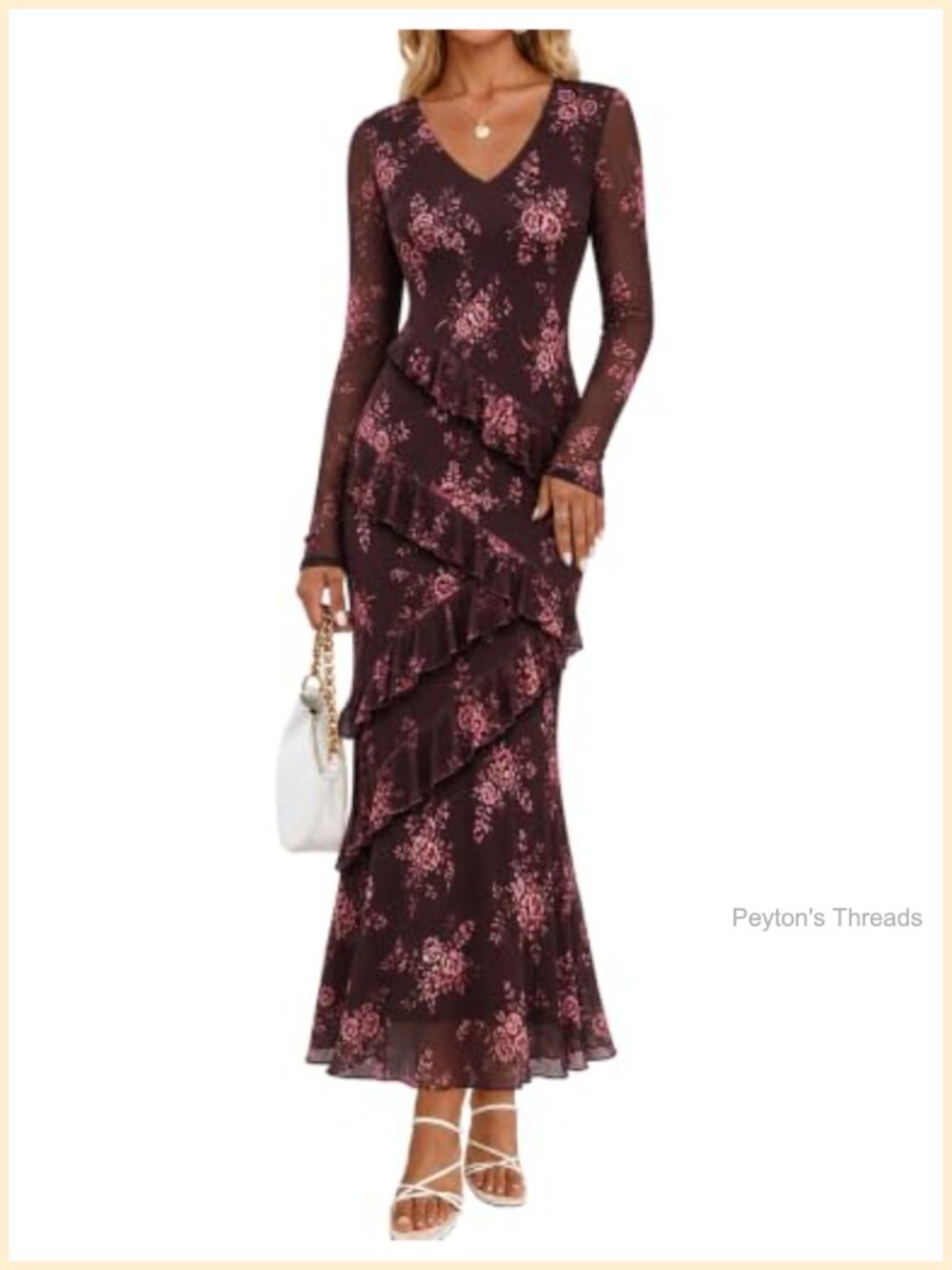 Women's Fall Wedding Guest Floral Mesh Long Sleeve Bodycon Maxi Dress
